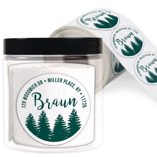 Wooded Pines Round Address Labels in a Jar